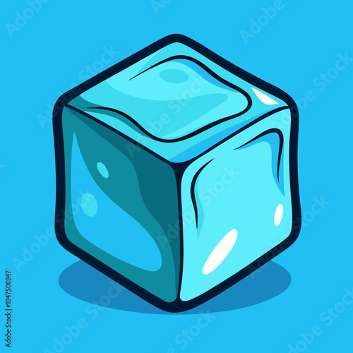 Refreshing blue ice cube with glossy reflections on a solid blue…