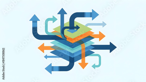 Multidirectional Arrows Surrounding 3D Cube Layers.