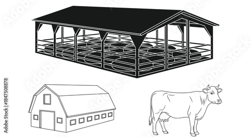 A barn, a cow, and a livestock shelter are depicted in this illustration.