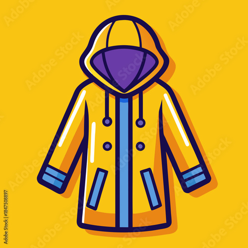 Bold graphic illustration of a yellow raincoat with a purple hood…