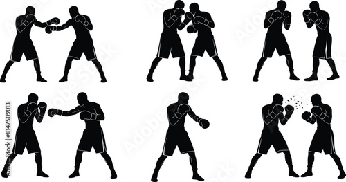 Six boxing silhouette panels showing fight stances, punches, defense, and impact moments on white background training sequence design