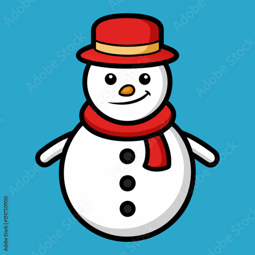 Cute cartoon snowman with red hat and scarf on a blue