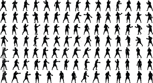Grid of 100 boxing silhouettes showing diverse fighting stances, punches, and movements on white background for training design