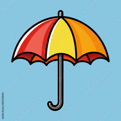 Open colorful umbrella with hooked handle on bright blue…