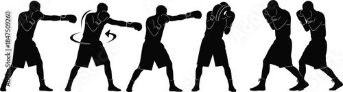 Boxing technique silhouettes showing punch, hook, defense, and footwork drills in martial arts training sequence design