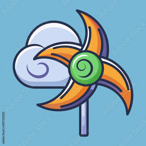 Vibrant cartoon pinwheel and cloud illustration on a blue…