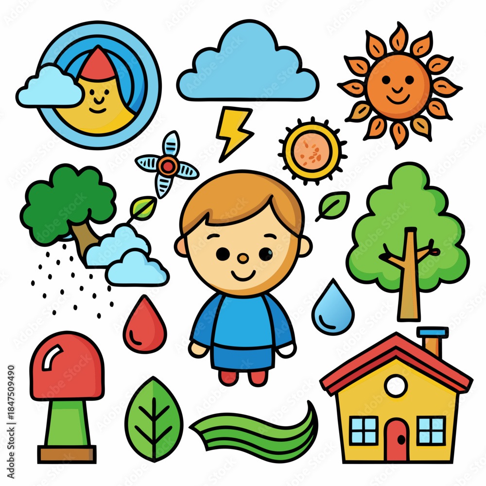 Fototapeta premium Colorful cartoon icons set with nature, weather, and home…