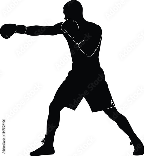 Boxer silhouette throwing straight punch with extended left arm and defensive stance on white background training design
