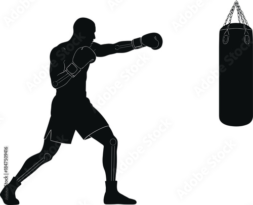 Boxer silhouette punching hanging bag with anatomical joints highlighted on white background combat training biomechanics design