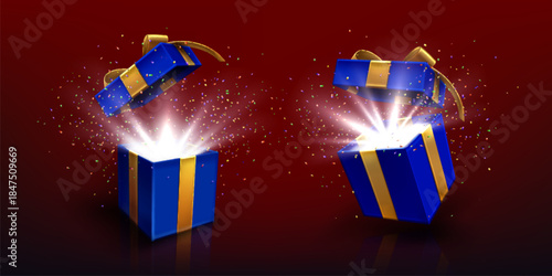 Open 3D blue gift box with golden bow, magic glow, confetti explosion and floating ribbons. Realistic present surprise with glowing effects and flying decorative elements. Birthday celebration design