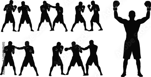 Boxing silhouette set with sparring pairs and victorious pose on white background combat sports and training design