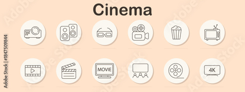 Cinema set icon. Projector, speakers, 3D glasses, video camera, popcorn, TV, film strip, clapperboard, movie text, audience, film reel, 4K screen line drawn.