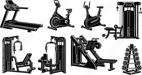 Black-and-white gym equipment vector set with treadmill, bikes, weight machines, and dumbbell rack on white background design