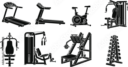 Silhouettes of gym equipment including treadmills, exercise bike, weight machines, and dumbbell rack on white background fitness design 