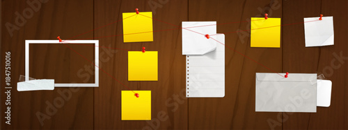 Detective investigation board with crime evidence and red threads connecting clues. Wooden police pinboard with criminal case photos, suspect notes and investigation materials. Forensic workplace.