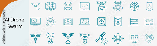 AI drone swarm and autonomous flight icons set, thin line artificial intelligence surveillance and robotics vector illustration