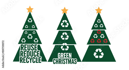 Three green Christmas trees symbolize environmental responsibility and recycling.