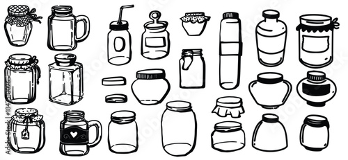 Jars set stock illustration featuring a collection of glass jars in clean outline style. Hand drawn vector jars suitable for packaging design, labels, kitchen storage, food branding, 