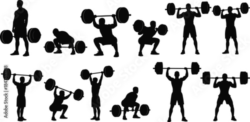 Barbell weightlifting silhouette series showing deadlift, squat, overhead press, and clean jerk on white background fitness design 