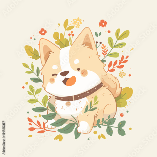 Happy Corgi Dog Surrounded by Autumn Leaves and Flowers.