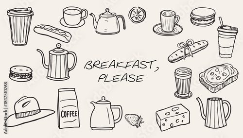 Breakfast Set of Food, Drinks, Pots, Cups in Vintage Hand Draw Sketch Style. Food and Drinks in Doodle Simple Style for Trendy Hand Drawn Design.