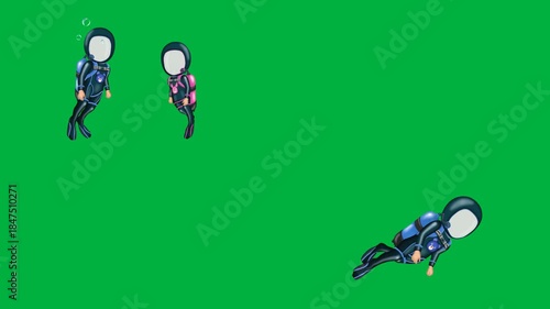Group of 2d animated cartoon animation scuba divers on green screen chromakey background for team diving scenes.