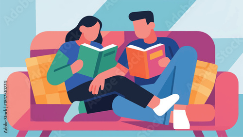 Illustration Of Couple Curled Up On A Sofa, Each Reading A Different Book Vector Design Template