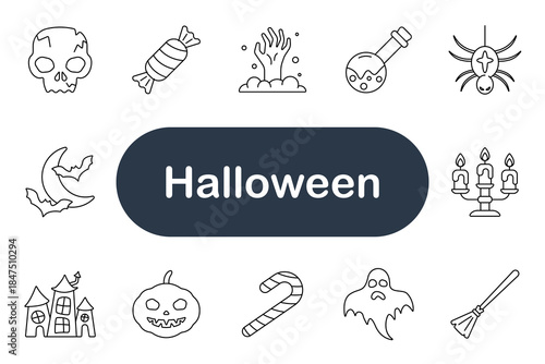 Halloween set icon. Skull, candy, hand, potion, spider, moon, bat, haunted house, pumpkin, ghost, broom, candelabra, magic, fear, mystery, witch, horror, costume, trick, celebration