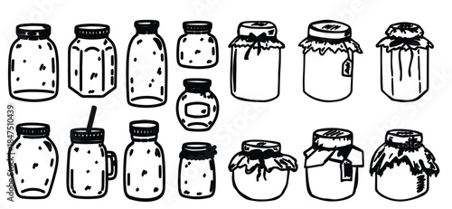 Jars set stock illustration featuring a collection of glass jars in clean outline style. Hand drawn vector jars suitable for packaging design, labels, kitchen storage, food branding, 