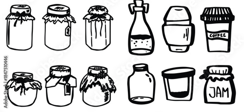 Jars set stock illustration featuring a collection of glass jars in clean outline style. Hand drawn vector jars suitable for packaging design, labels, kitchen storage, food branding, 