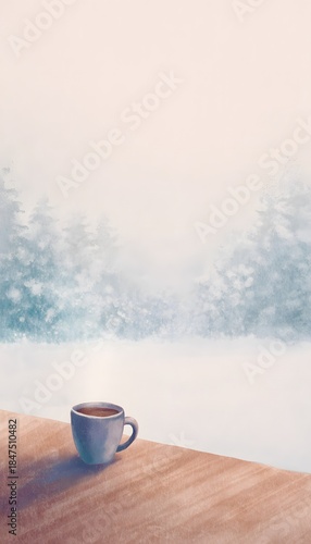 Cozy winter coffee illustration calm snowy landscape design serene commercial art concept