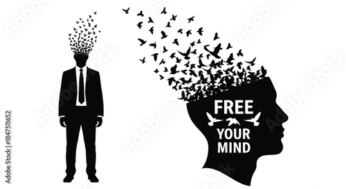 Silhouette of a man with birds flying out of his head, symbolizing freedom of thought.