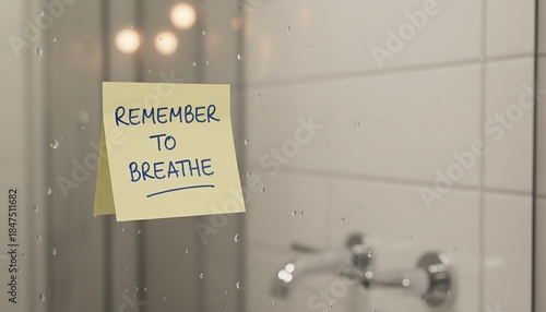 Reminder to Breathe Sticky Note on Glass Shower Door.