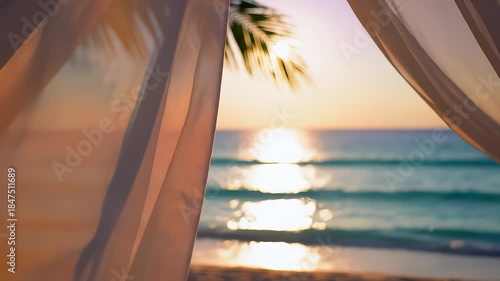 Gentle Curtain Swaying in Front of Ocean at Sunset on Beach