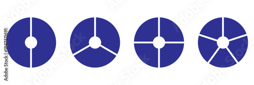 Multicolored pizza charts, pies segmented on from 1 to 4 equal parts. Multicoloured diagrams infographic. Circle section graph. Wheels divided in sections. Loading bar mockup. Pie, pizza chart layout