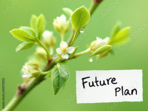Delicate branch with small white blossoms, fresh leaves, & a 