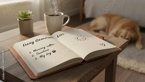 Cozy Morning Scene: Gratitude Journal Coffee and Sleeping Cat.