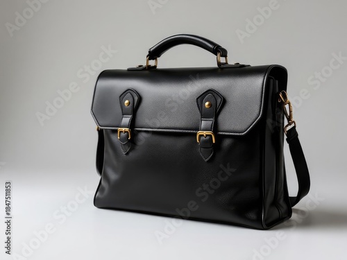 A black, glossy leather satchel with gold hardware, against a gray background