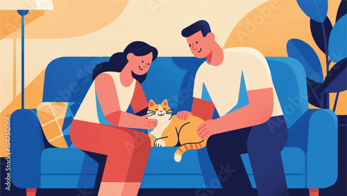Illustration Of Couple Or Family Member Sitting, Both Gently Petting A Happy Cat Vector Design Template