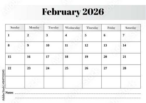 February 2026 monthly calendar vector design with a clean, well-structured grid layout.ai