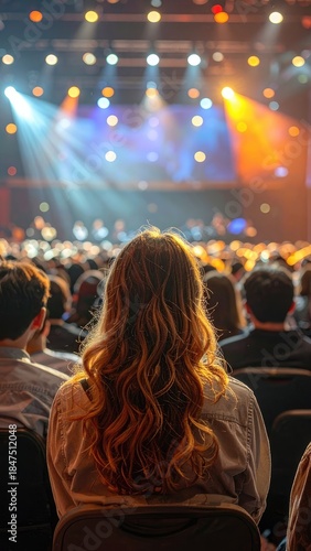 Wallpaper Mural A woman with long, wavy, illuminated hair watches a brightly lit stage event from the audience. Torontodigital.ca