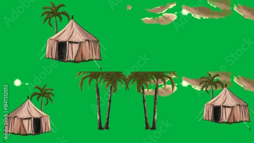 Desert themed 2d animated cartoon animation tents and palm trees on green screen chromakey background suitable for nomadic or oasis videos.