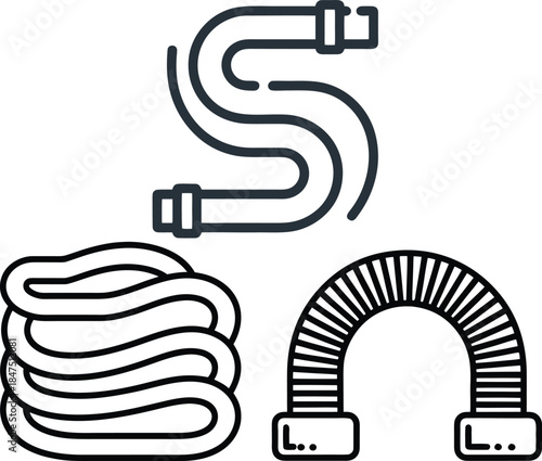 Flexible hose pipe and connected water pipe with connectors on transparent background vector set
