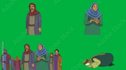 Traditional 2d animated cartoon animation robed figures in desert setting on green screen chromakey background for cultural or historical themes.