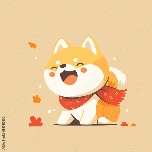 Happy Shiba Inu Dog Wearing Scarf in Autumn Leaves.