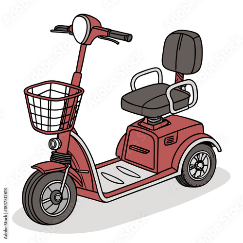 Red electric three wheel mobility scooter with basket and seat