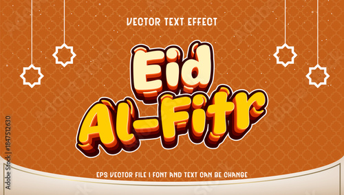 Vibrant Eid Al-Fitr vector text effect banner design with festive lanterns and stars, celebrating Islamic holiday traditions in a lively graphic style editable template