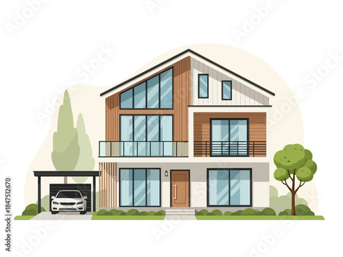 Modern Two-Story House Vector Illustration with Minimalist Architecture