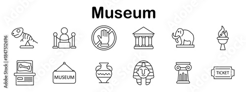 Museum set icon. Dinosaur skeleton, sculpture, no touch sign, building, mammoth, torch, fossil, hanging sign, amphora, sarcophagus, column, admission ticket depicted.