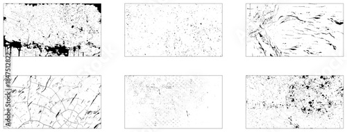 Set of horizontal grainy noisy textures. Grunge border vector overlay texture background. Grunge grainy dirty texture. Set of six abstract urban distress overlay backgrounds. Vector illustration